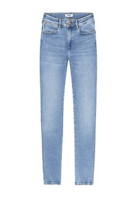 Jeans ajustados de color azul claro con un diseño clásico de cinco bolsillos, cierre de botón y detalles cosidos a lo largo de las costuras.