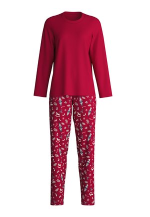 Rode lange mouwen top gecombineerd met rode gestreepte broek met witte en blauwe seizoensmotieven, alles in zachte, lichtgewicht stof.