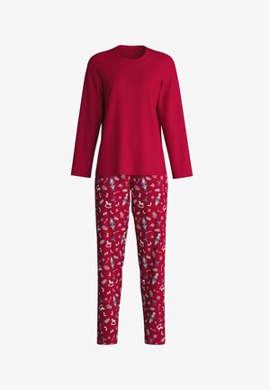 Rotes Langarmoberteil kombiniert mit roten gemusterten Hosen, die weiße und blaue saisonale Motive aufweisen, alles aus weichem, leichtem Stoff.