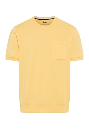 Gelbes T-Shirt mit kurzen Ärmeln, Rundhalsausschnitt, kleiner Brusttasche und gerippten Abschlüssen an Ärmeln und Saum.