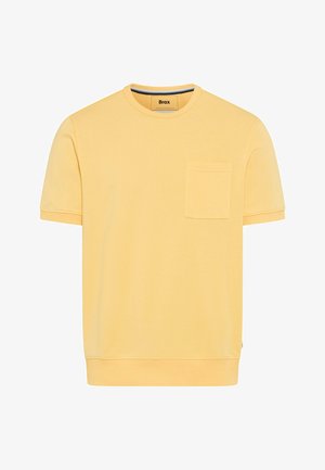Gelbes T-Shirt mit kurzen Ärmeln, Rundhalsausschnitt, kleiner Brusttasche und gerippten Abschlüssen an Ärmeln und Saum.