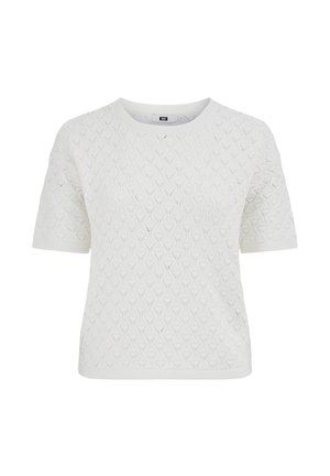 Balta īsroku adīta topiņa ar struktūrētu dimanta rakstu un apaļu kakla izgriezumu, attēlota vienkāršā fona priekšā.