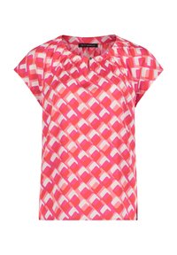 Kortærmet bluse i pink og hvid geometrisk mønster. Letvægtsstof med en rynket halsudskæring.