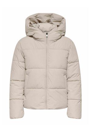 Veste matelassée beige avec capuche, dotée d'une fermeture éclair à l'avant, de motifs matelassés et de poches latérales pour une fonctionnalité supplémentaire. Texture lisse.
