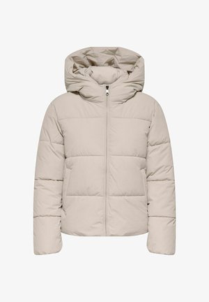 Geacă puf bej cu glugă, prevăzută cu un fermoar frontal, design matlasat și buzunare laterale pentru o funcționalitate sporită. Textură netedă.