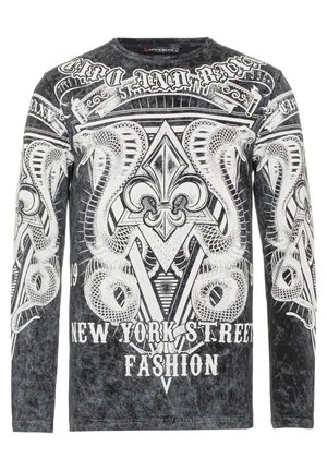 Langarm schwarzes T-Shirt mit weißen Schlangen-Grafiken, dekorativen Mustern und dem Text "NEW YORK STREET FASHION" in fetter Schrift.
