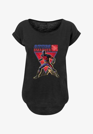 Black short-sleeve T-shirt featuring a graphic of a character labeled "ATOM SMASHER" in red and blue against a geometric background.