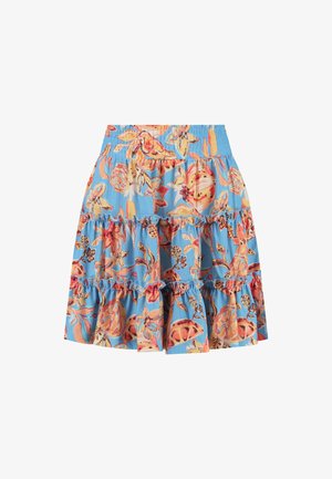 Sininen kukkakuosiset kerrokselliset hameet, joissa on röyhelöitä ja elastinen vyötärö. Värit sisältävät oranssia, keltaista ja mustia yksityiskohtia.