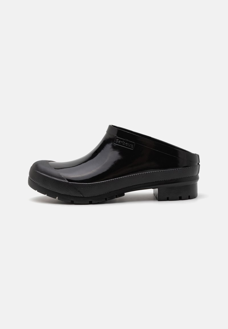 Black rubber clogs with a glossy finish, rounded toe, reinforced front, textured black outsole, and Barbour branding on the side.