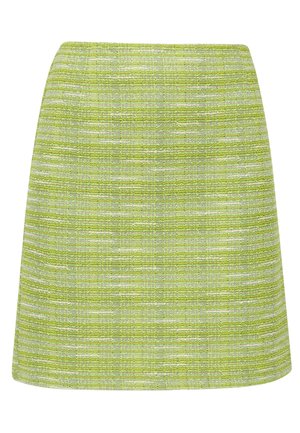 Spódnica A-line wykonana z teksturowanej tkaniny w jasnym zielonym kolorze z subtelnym wzorem w różnych odcieniach; długość do połowy uda, bez widocznych zapięć.
