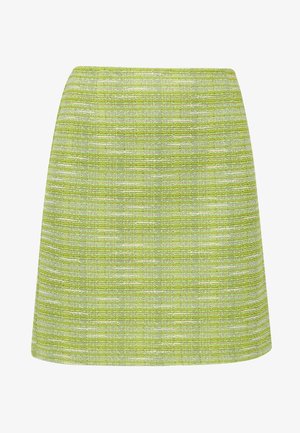 Spódnica A-line wykonana z teksturowanej tkaniny w jasnym zielonym kolorze z subtelnym wzorem w różnych odcieniach; długość do połowy uda, bez widocznych zapięć.