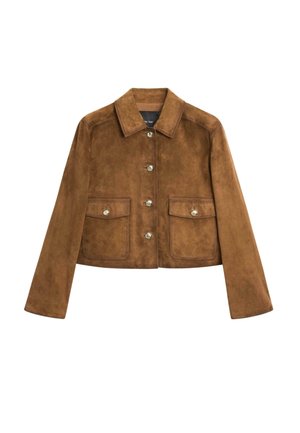 Brązowa skórzana kurtka woskowana z krótkimi rękawami, z zapięciem na guziki z przodu, dwoma kieszeniami z klapką z guzikami oraz z wyodrębnionym kołnierzem.