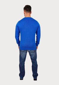 Blauer Strickpullover mit langen Ärmeln, Rundhals und tailliertem Schnitt, kombiniert mit blauen Jeans und schwarzen Schuhen, von hinten betrachtet.