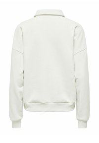 Sweat-shirt blanc à manches longues avec poignets, col et ourlet côtelés, vu de dos sur un fond uni.