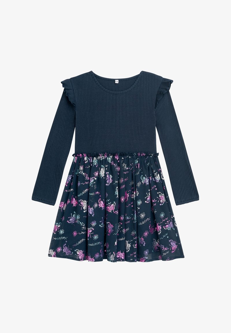 Robe bleu marine à manches longues avec haut côtelé, volants aux épaules et jupe évasée à motif floral avec des papillons roses et blancs.