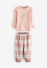 Helles rosa geripptes Oberteil mit einem Mausdesign; passende karierte Hose in Pink, Blau und Creme mit elastischem Bund und Ärmelbündchen.