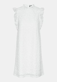 Robe blanche sans manches en tissu texturé, col montant et détails à volants le long des épaules et des emmanchures.
