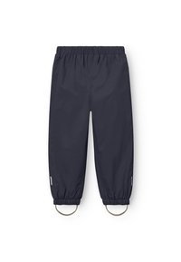 Marineblauwe waterdichte broek met elastische tailleband, taps toelopende pijpen en ronde metalen accenten bij de enkels. Glad, lichtgewicht stof.
