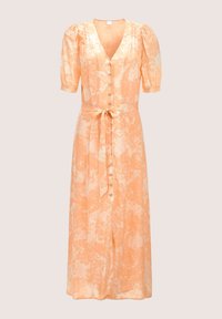 Pfirsichfarbenes Kleid mit kurzen Puffärmeln, tiefem V-Ausschnitt, Knopfverschluss vorne und Taillengürtel. Merkmale ein florales Muster in helleren Farbtönen.
