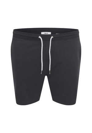 Sorte shorts lavet af bomuldsblanding, med en elastisk talje og hvid snor, metaløjer og et afslappet fit design.