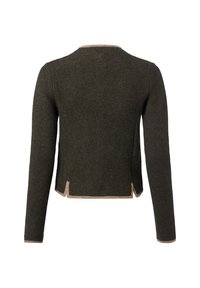 Dunkelgrüner, strukturierten Strickpullover mit langen Ärmeln, beige Absetzungen am Halsausschnitt, an den Bündchen und am gespaltenen Saum, von hinten gezeigt.