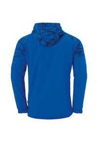 Veste légère bleue avec une capuche à motifs, des poignets élastiques et une finition lisse. Idéale pour les activités de plein air.