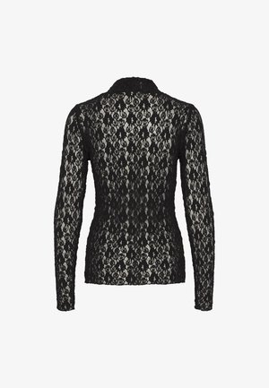 Camicia nera in pizzo a maniche lunghe con una silhouette aderente. Presenta intricati motivi floreali e un design testurizzato. Senza chiusure visibili.