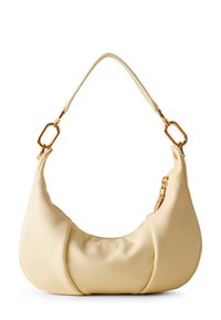 Yellow leather handbag with a soft, curved shape, featuring a single strap and gold hardware accents for closure and decoration.