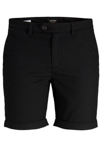 Shorts chino noirs pour hommes avec fermeture par bouton et zip, passants pour ceinture et ourlets retroussés.