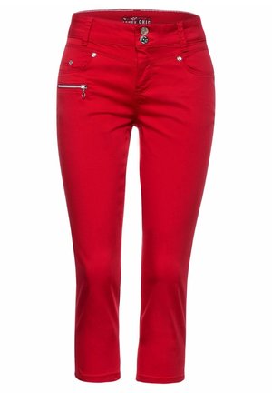 Felle rode slim-fit broek met voorzak met ritsdetail en dubbele knoopsluiting, cropped op enkelhoogte.