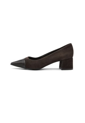 Dark brown suede low block heel shoe with pointed black leather toe cap, side view, on white background.