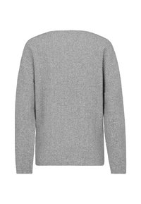 Grauer Strickpullover, lange Ärmel, lockere Passform, strukturierter Muster an den Ärmeln, glatter Körper, klassischer Rundhalsausschnitt, Rückansicht.