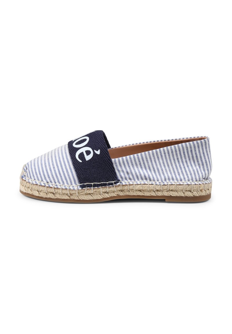 Marineblauw en witte gestreepte espadrille met een geweven juten zool. Heeft een brede elastische band waarop het woord "Chloé" prominent is weergegeven.