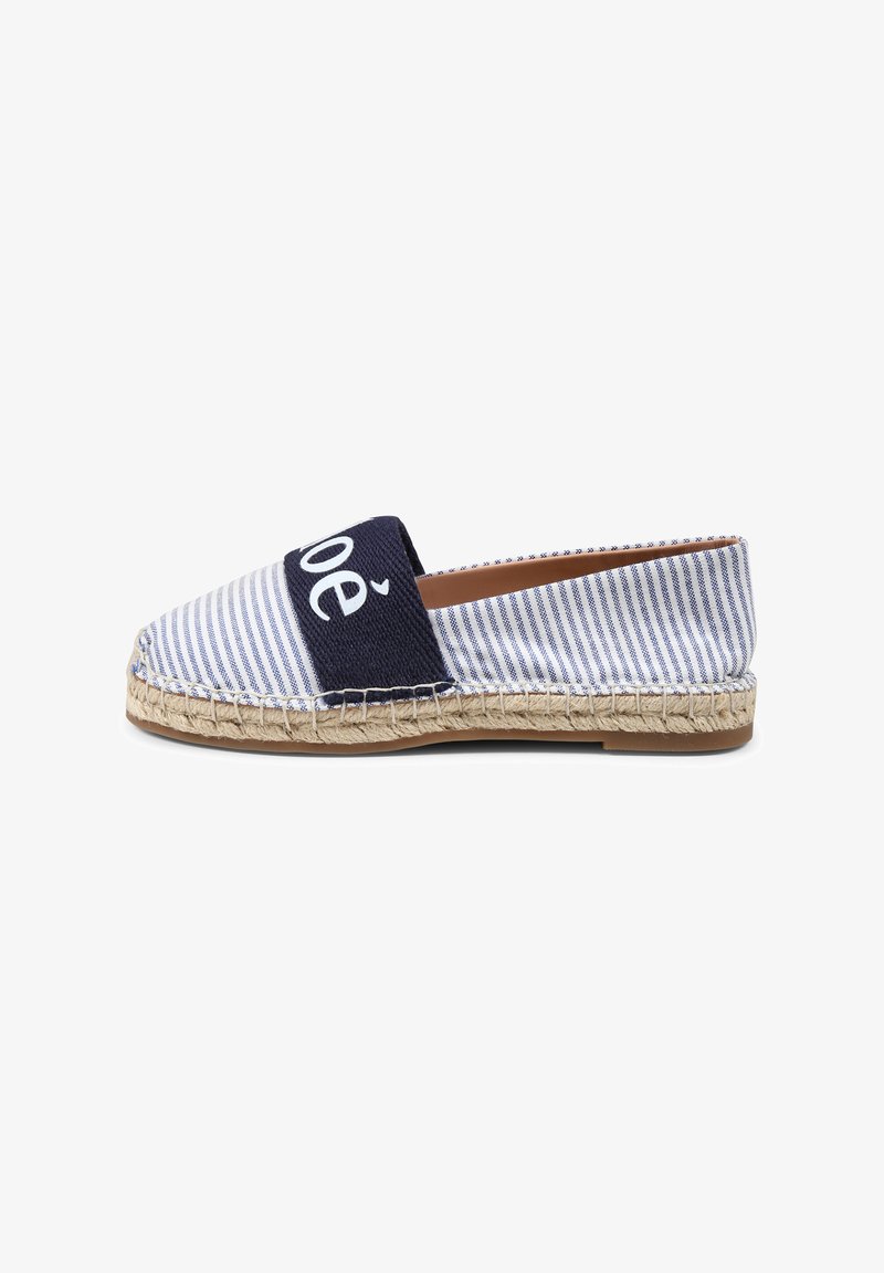 Marineblauw en witte gestreepte espadrille met een geweven juten zool. Heeft een brede elastische band waarop het woord "Chloé" prominent is weergegeven.