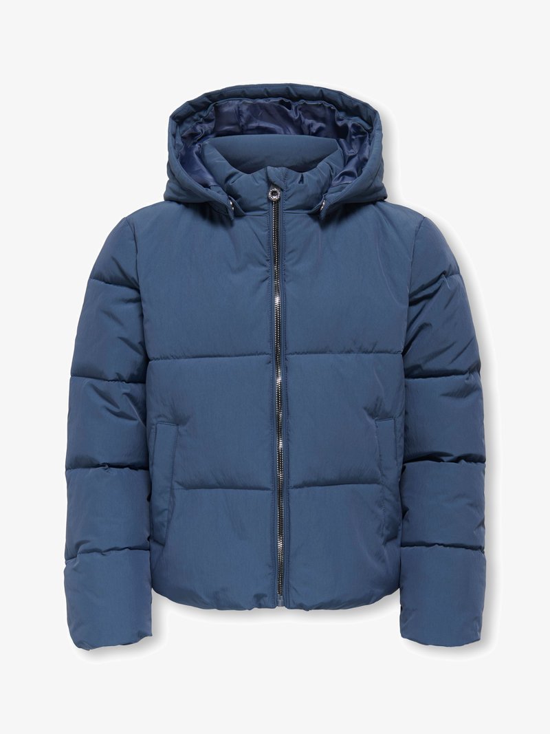 Tamsiai mėlyna pūkinė striukė su kapišonu, su užtrauktuku ir šoninėmis kišenėmis. Medžiaga lygi ir šiek tiek blizganti, su siuvinėta tekstūra.