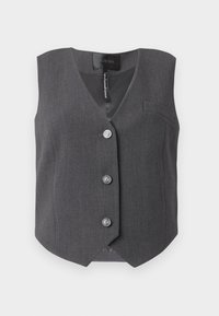 Gilet grigio senza maniche con scollo a V, cinque bottoni argentati, design strutturato delle spalle e una tasca sul petto. Il tessuto ha una sottile texture.