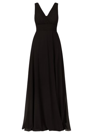Robe de soirée noire avec un décolleté en V et de larges bretelles. Corsage plissé menant à une jupe fluide en A avec une fente sur le côté. Tissu lisse et doux.