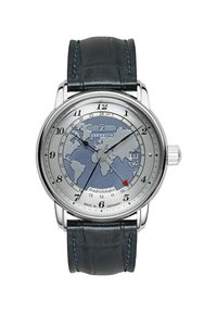 Silver-tone watch with a blue world map dial, Arabic numerals, and a black leather strap with blue stitching. Features a date display and GMT function.