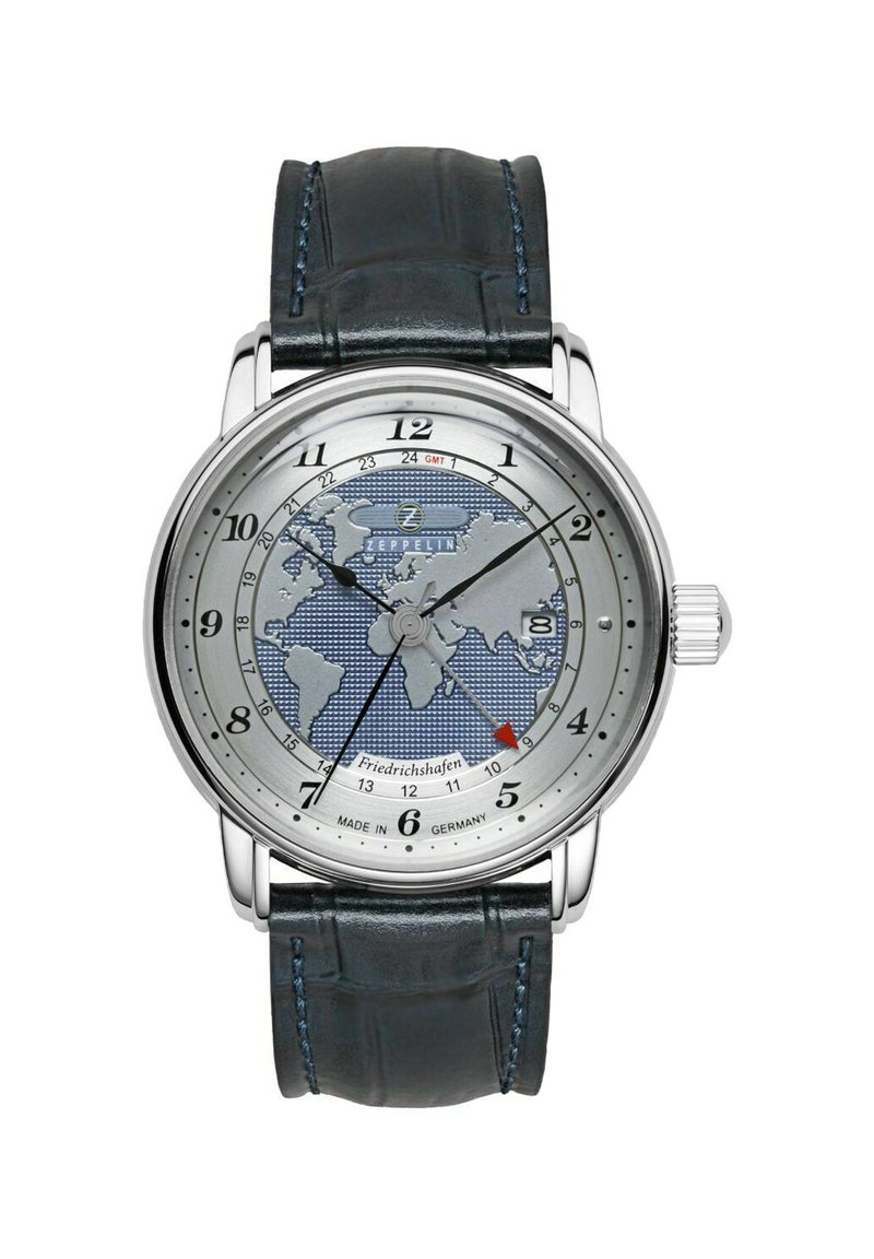 Silver-tone watch with a blue world map dial, Arabic numerals, and a black leather strap with blue stitching. Features a date display and GMT function.