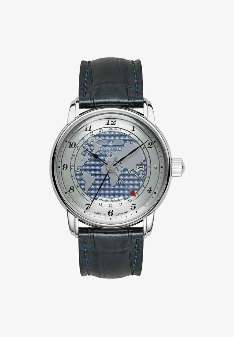 Silver-tone watch with a blue world map dial, Arabic numerals, and a black leather strap with blue stitching. Features a date display and GMT function.