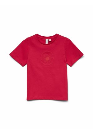 Red cotton t-shirt with a round neck and short sleeves, featuring an embossed floral design in the center. Simple and smooth texture.