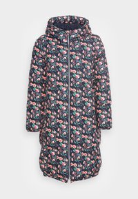 Dunjakke i marineblå med blomsterprint, lynlås foran og hætte. Har farverige blomster og blade på en quiltet tekstur.