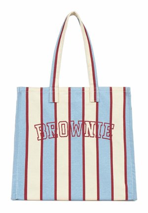 Sac fourre-tout en toile avec des rayures verticales bleues, crème et rouges et "BROWNIE" imprimé en lettres rouges contournées à l'avant.