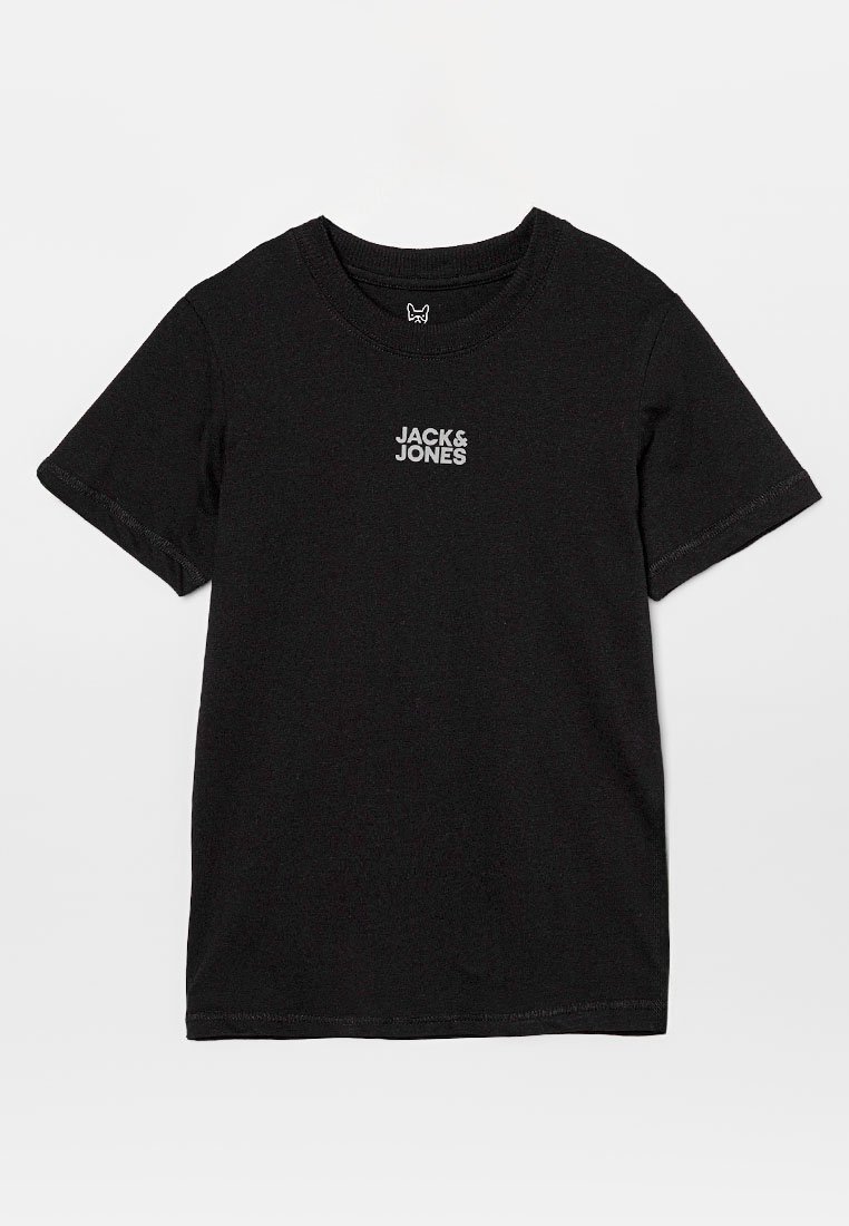 Czarna bawełniana koszulka z krótkim rękawem, z okrągłym dekoltem i białym logo "JACK & JONES" na piersi. Prosty wzór, miękka textura.