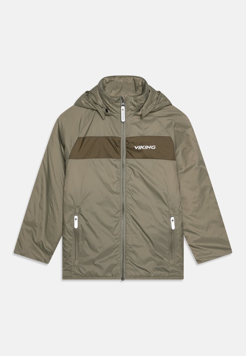 Veste légère olive avec capuche, présentant un panneau de poitrine vert foncé, une fermeture éclair à l'avant et deux poches latérales. Logo "VIKING" présent.