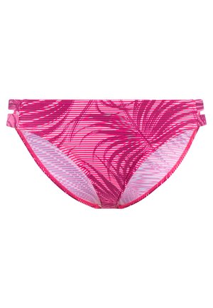 Pink Bikini-Unterteil mit Palmblatt-Muster und horizontalen Streifen, weicher Stoffbeschaffenheit und zwei Seitenträgern zur Anpassung.