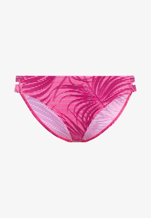 Pink Bikini-Unterteil mit Palmblatt-Muster und horizontalen Streifen, weicher Stoffbeschaffenheit und zwei Seitenträgern zur Anpassung.