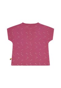 Short-sleeve pink cotton t-shirt with a soft texture, featuring a pattern of small white birds throughout and a round neckline.