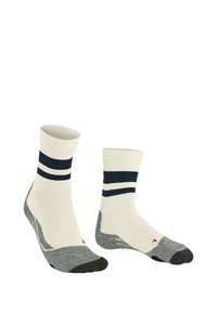 Calzini bianchi a manica corta con strisce blu navy, tallone e punta grigi, texture a costine, suola imbottita per comfort e logo sul lato.