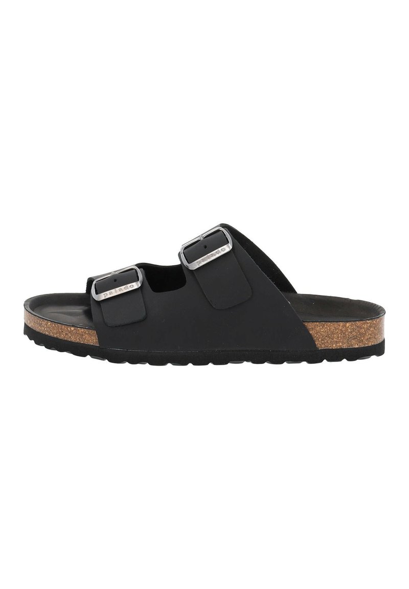 Svarta halkfria flip-flops med två justerbara spännen, korkfotbädd och texturerad gummisula. Platt design med öppen tå och häl.